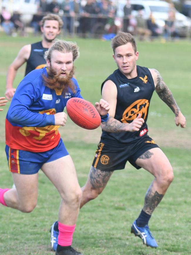 Gene Robinson (right) playing for Broughton-Mundoora in the Northern Areas Football Association in 2019. Picture: Dennis Green