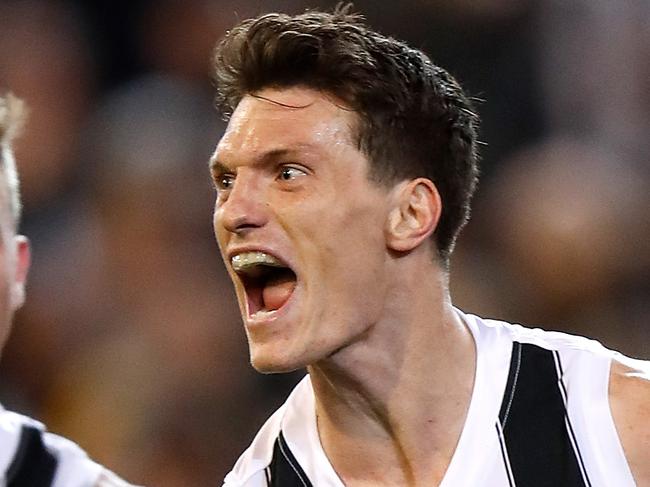 MELBOURNE, AUSTRALIA - SEPTEMBER 21: Brody Mihocek of the Magpies (left) and Jaidyn Stephenson of the Magpies celebrate during the 2018 AFL First Preliminary Final match between the Richmond Tigers and the Collingwood Magpies at the Melbourne Cricket Ground on September 21, 2018 in Melbourne, Australia. (Photo by Michael Willson/AFL Media/Getty Images)