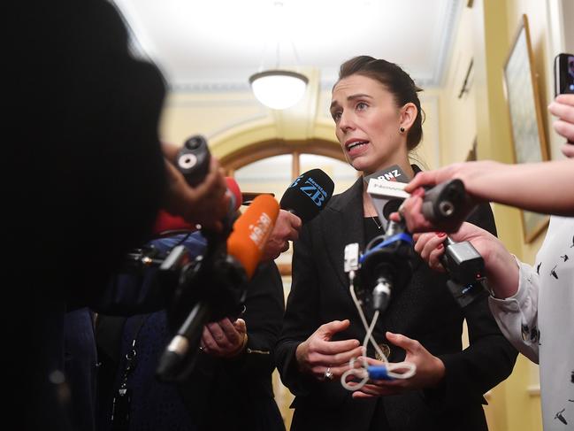 WELLINGTON, NEW ZEALAND - MARCH 19: Prime Minister Jacinda Ardern speaks to media at Parliament as New Zealand considers gun law reforms on March 19, 2019 in Wellington, New Zealand. 50 people were killed, and dozens are still injured in hospital after a gunman opened fire on two Christchurch mosques on Friday, 15 March.  The accused attacker, 28-year-old Australian, Brenton Tarrant, has been charged with murder and remanded in custody until April 5. The attack is the worst mass shooting in New Zealand's history. (Photo by Mark Tantrum/Getty Images)