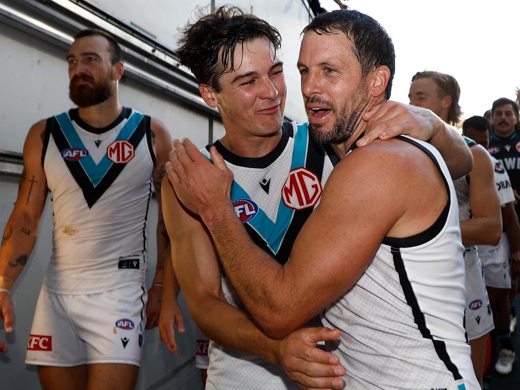 Connor Rozee and Travis Boak after Port’s win. Picture: Michael Willson/AFL Photos