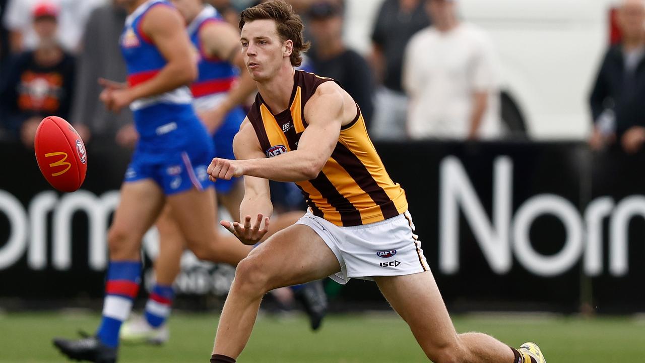 Henry Hustwaite impressed for the Hawks against the Bulldogs. Picture: Michael Willson/AFL Photos via Getty Images.