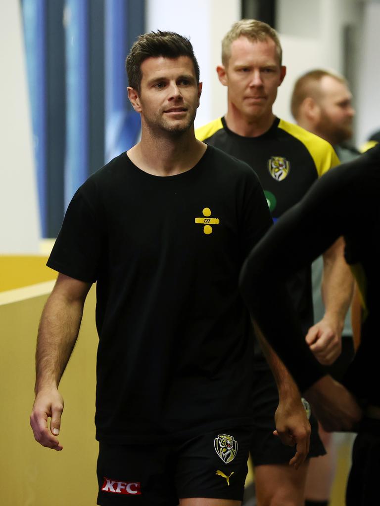 Trent Cotchin and Jack Riewoldt arriving at Hardwick’s press conference. Picture: Michael Klein