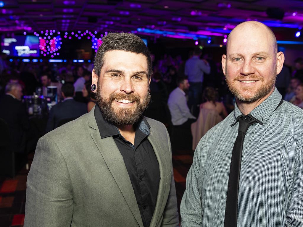 Billy Platz (left) and Kristian Manz of BBC QLD at the Downs and Western Housing and Construction Awards at Rumours International, Friday, July 22, 2022. Picture: Kevin Farmer