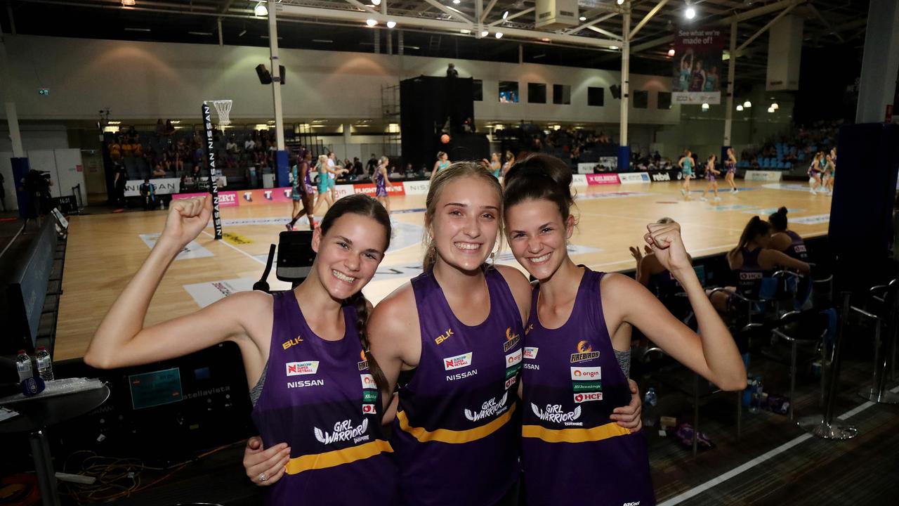 Super Netball game between Firebirds and Vixens at Cairns pop up stadium. Firebirds fans Anessah Oakley Charlotte Jonsen and Samaya Oakley. PICTURE: STEWART McLEAN