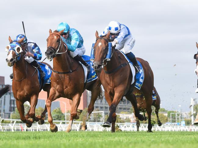 In Her Stride ridden by Sheridan Clarke wins the Sportsbet Jockey Watch Handicap  at Caulfield Heath Racecourse on March 13, 2024 in Caulfield, Australia. (Photo by Pat Scala/Racing Photos via Getty Images)