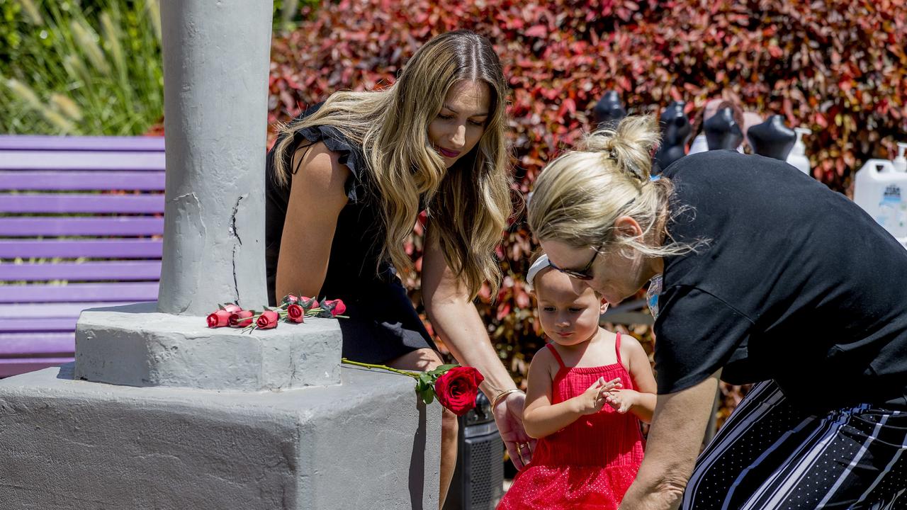 The red Rose DV rally at the DV memorial in Norm Rix park, Labrador. LNP candidate Laura Gerber with Myra Marsh, 18 months. Picture: Jerad Williams