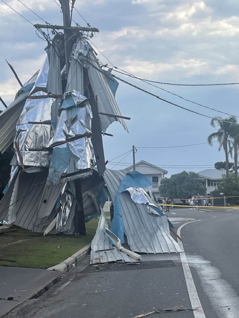 This shed was blown away by the storm, before it crashed into a power pole. Picture: Facebook / Ray Gough