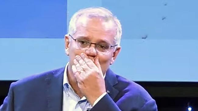 Scott Morrison tears up while addressing Horizon Church after his election defeat. Picture: YouTube/Horizon Church