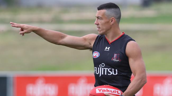 Dylan Shiel sporting a fresh haircut at Essendon pre-season training. Picture: David Crosling