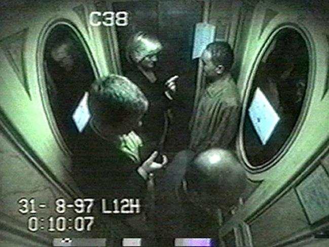 CCTV footage showing Diana, Princess of Wales with Dodi Fayed, rear right, with driver Henri Paul, foreground right, and bodyguard Trevor Rees-Jones in the lift at the Ritz Hotel.