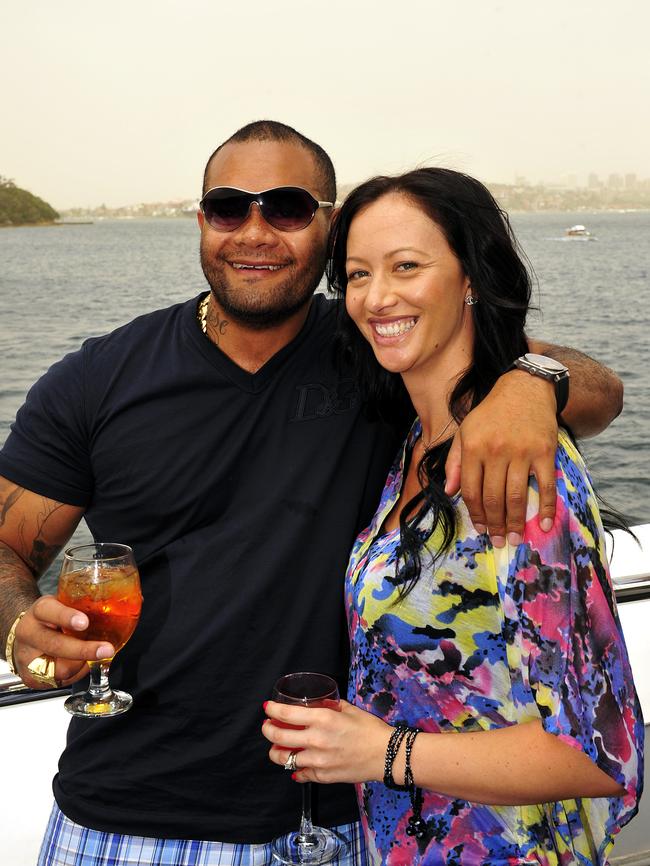 Duax Ngakuru and partner Mereana Ngakuru on a Sydney harbour cruise in 2009, accompanied by other Comanchero members.