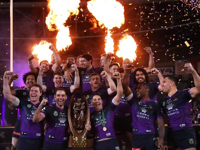 The victorious Melbourne Storm during the 2017 NRL Grand Final. Picture. Phil Hillyard