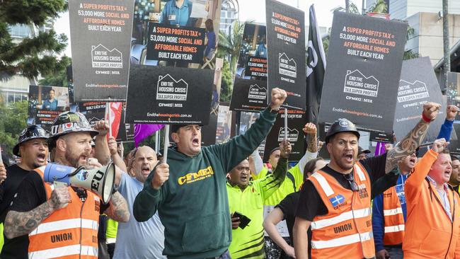 A CFMEU protest through Brisbane to the ALP National Conference. The Busines Council of Australia has called for awards to be stripped back and their number cut, and the winding back of new multi-employer bargaining laws. Picture: Richard Walker