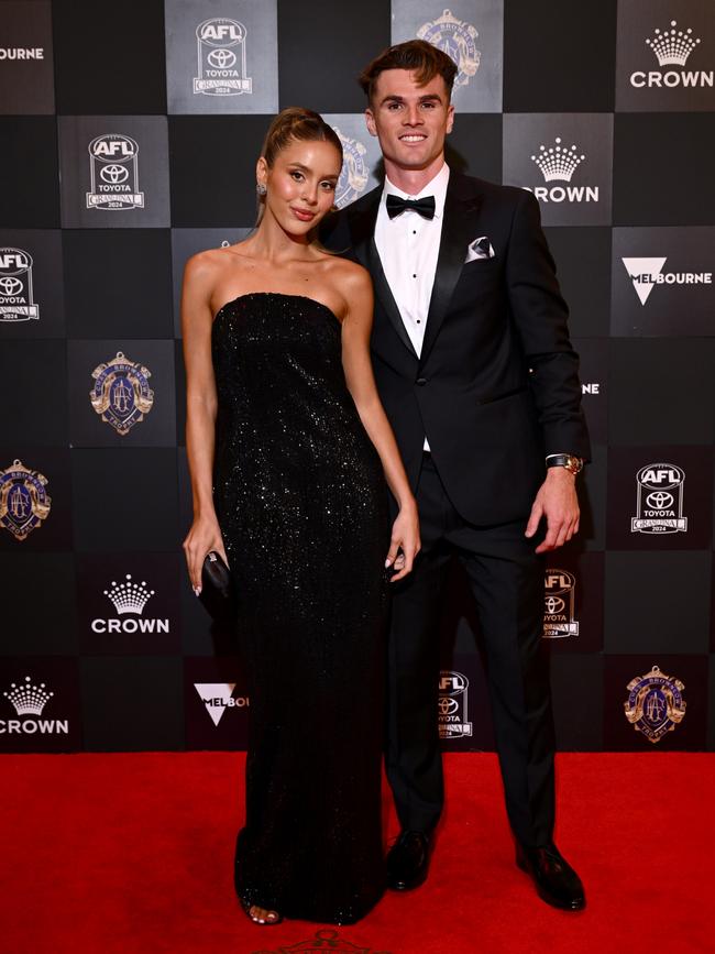 Ben Keays of the Adelaide Crows and partner Rosie Konstantinou arrive ahead of the 2024 Brownlow Medal at Crown Palladium. Picture: Quinn Rooney/Getty Images