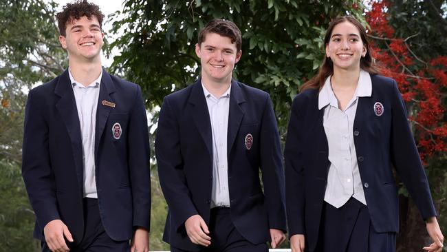 HSC students Joshua Bridge, Lachlan McDonald and Tabitha Besterwitch after their HSC exam. Picture : Richard Dobson