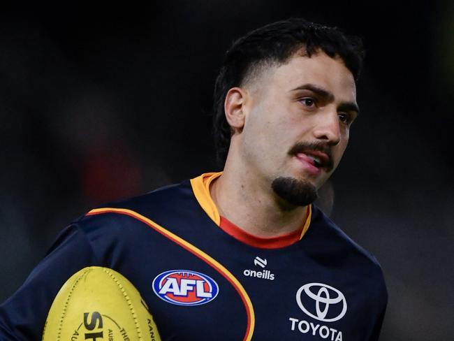 ADELAIDE, AUSTRALIA - JUNE 15:   Izak Rankine of the Crows during  warm ups of the round 14 AFL match between Adelaide Crows and Sydney Swans at Adelaide Oval, on June 15, 2024, in Adelaide, Australia. (Photo by Mark Brake/Getty Images)