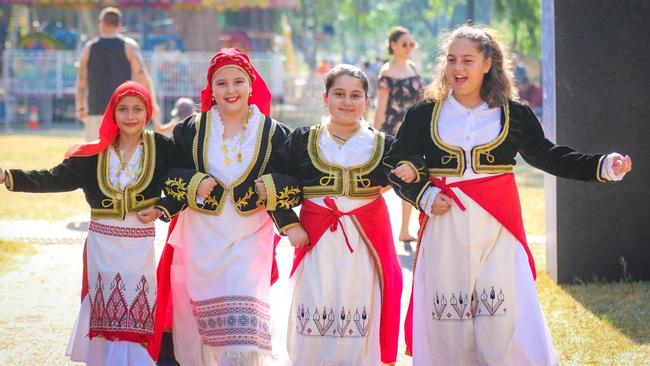 Anna Lambrinidis, Zografia Rainoutis, Savvina Mousellis and Isabella El Zahed at the 2021 Greek GleNTi Festival on the Esplanade. Picture: Glenn Campbell