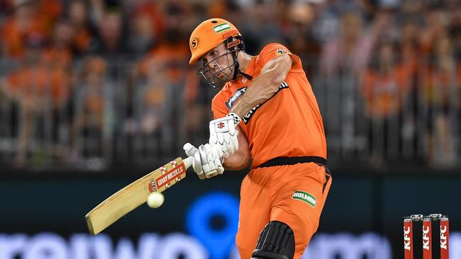 Mitch Marsh hits out during the Big Bash League match between the Perth Scorchers and Brisbane Heat at Optus Stadium. Picture: Getty Images