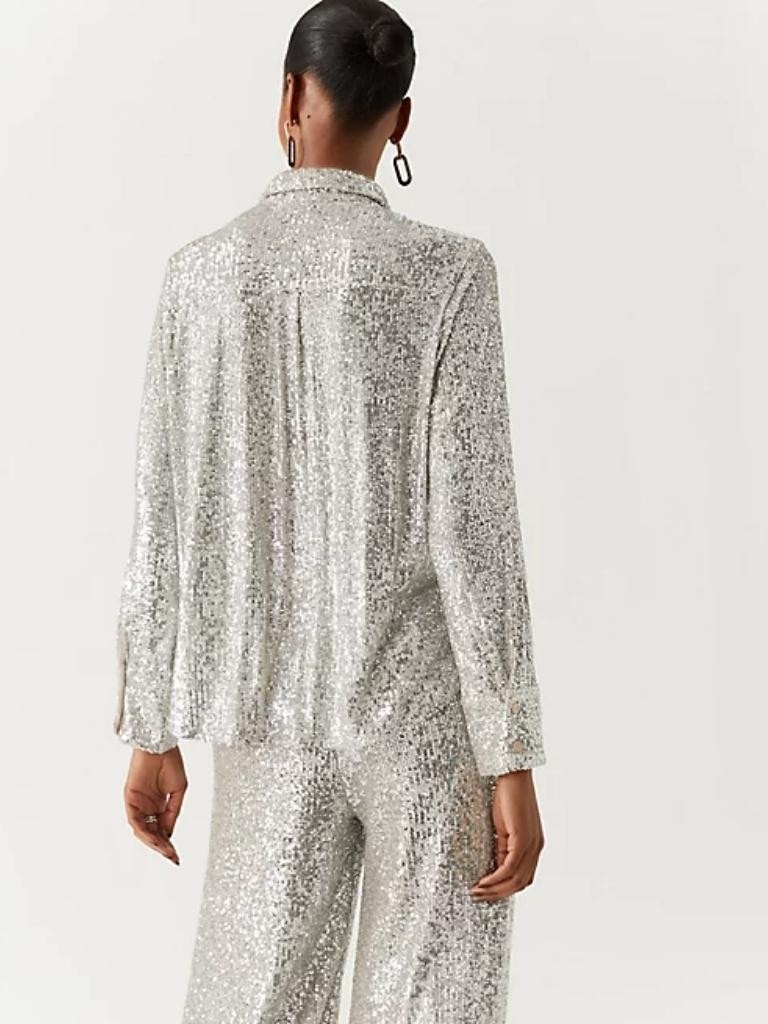 Sequin Collared Long Sleeve Shirt. Picture: Marks and Spencer.