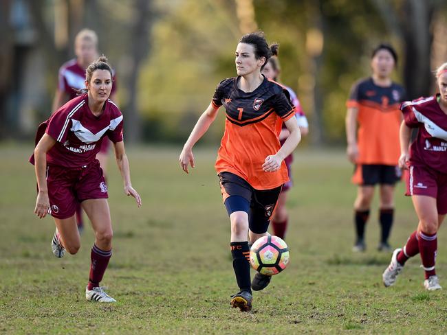 (M) Louise Neville (Tigers) looks for support. Action from the MWFA women's Premier League soccer match Wakehurst v Manly Vale at  Lionel Watts Reserve, Davidson,on Sunday. Picture: Troy Snook