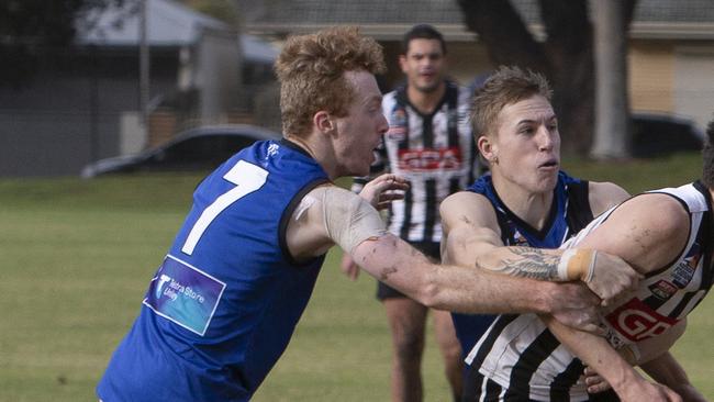 Unley Mercedes player Jacob Earl in action earlier this season. The young defender was badly injured in the Jets division one match on Saturday. Picture: Emma Brasier