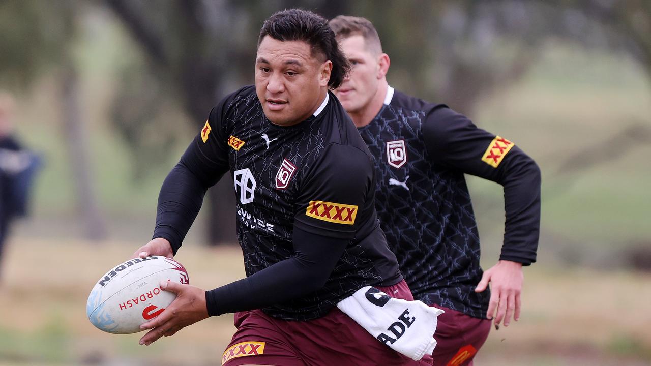 Josh Papalii trains with the Maroons Picture: Nigel Hallett