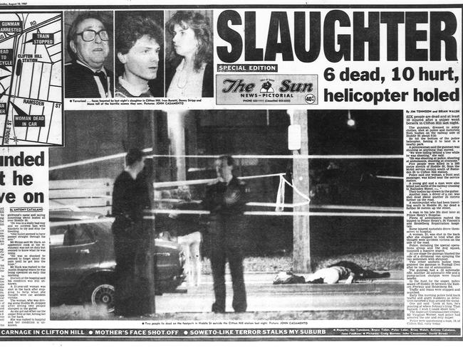 Front page of newspaper <i>The Sun </i>the morning after the 1987 Hoddle St massacre.