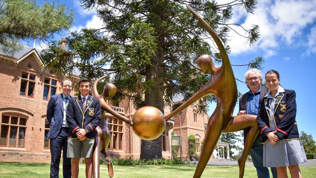 Scotch College Centenary Sculpture by Ken Martin (L-R) Scotch College Adelaide Principal Dr John Newton, College Captain Sam Subramaniam, sculptor Ken Martin and College Captain Lalla Nugent.