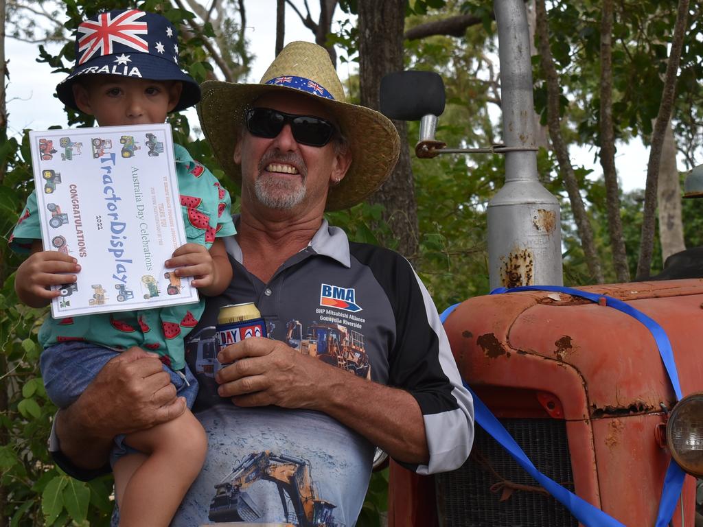 Most unloved beach tractor winner Geoff Richards with his grandson Oliver Helsham at St Helens Australia Day Celebration, January 26, 2022. Picture: Madeleine Graham
