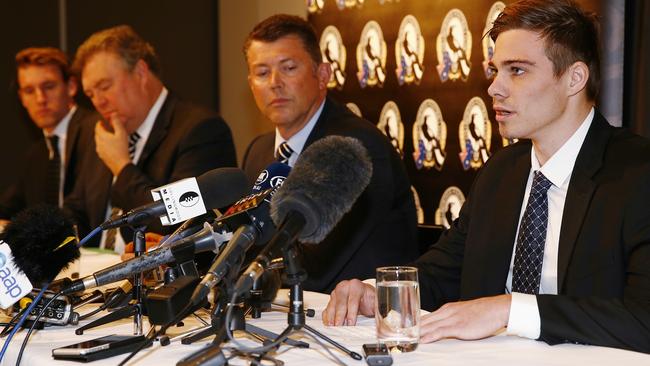 Lachie Keeffe and Josh Thomas address the media after their drugs bans. Picture: Michael Klein