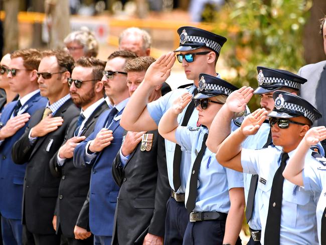The guard of honour at the memorial service with full police honours for constables Rachel McCrow and Matthew Arnold at Brisbane Entertainment Centre. Picture: John Gass/NCA NewsWire