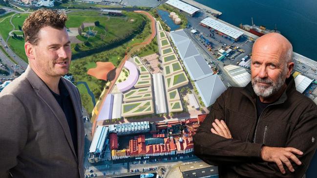 Tourism Industry of Tasmania CEO Luke Martin (left) isn’t a fan of the new Macquarie Point Vision released this week by a group of Tasmanian identities including author Richard Flanagan (right).