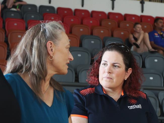 Sports Minister Kate Worden speaking with NT Netball president Catherine Sanson about the impact of the two $100 vouchers offered under the NT's Sports Vouchers Scheme. Picture: Zizi Averill