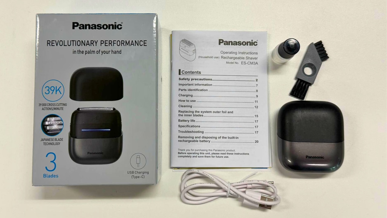 Everything in the box: The The Panasonic Compact 3 Blade High Speed Shaver, USB-C cable, instruction manual, cleaning brush and replacement oil. Picture: Troy Nankervis