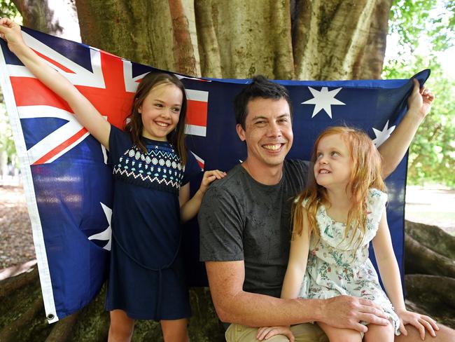 Nick Fraser of Crafers West with daughters Matilda, 7, and Audrey, 5, enjoying Australia Day at Botanic Park in Adelaide. Picture: Tom Huntley