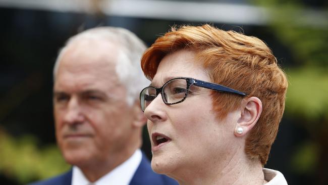 Prime Minister Malcolm Turnbull and Minister for Defence Marise Payne unveil a new plan to boost Australian defence exports with an aim to move up the global rankings to be in the top 10. Picture: AAP