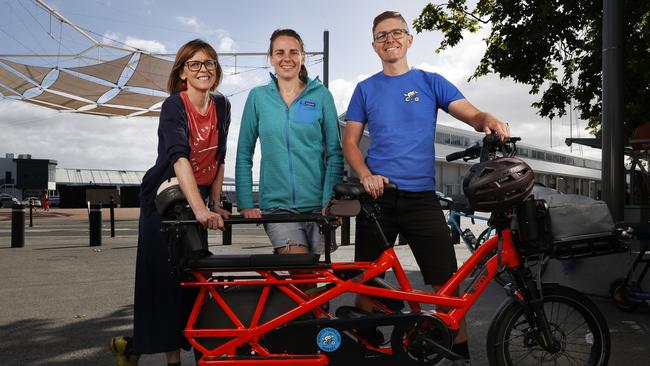 Anna Johnston, Anna Blake, and Mark Donnellon who are members of the new Streets People Love Hobart group that has been formed to advocate for greater pedestrian, cyclist, and public transport infrastructure and services. Picture: Nikki Davis-Jones