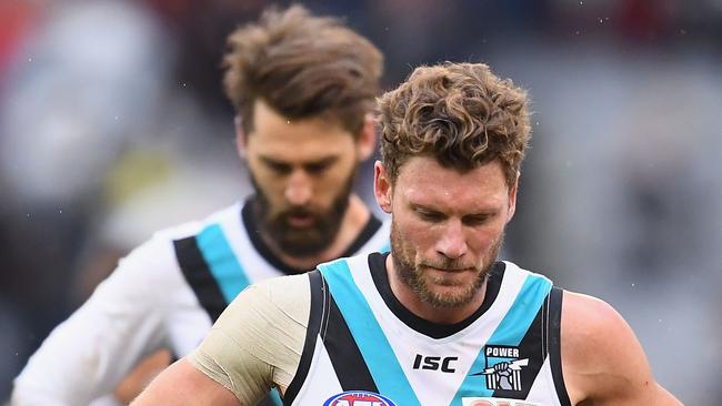 Brad Ebert and Justin Westhoff show their disappointment after losing to Collingwood on Saturday. Picture: Quinn Rooney/Getty Images