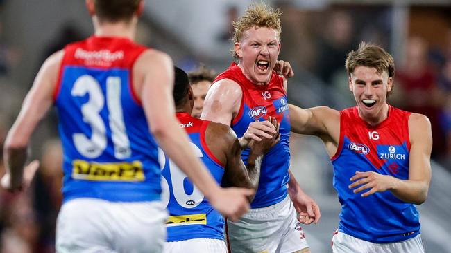 BRISBANE, AUSTRALIA - JUNE 28: Clayton Oliver of the Demons celebrates a goal during the 2024 AFL Round 16 match between the Brisbane Lions and the Melbourne Demons at The Gabba on June 28, 2024 in Brisbane, Australia. (Photo by Russell Freeman/AFL Photos via Getty Images)
