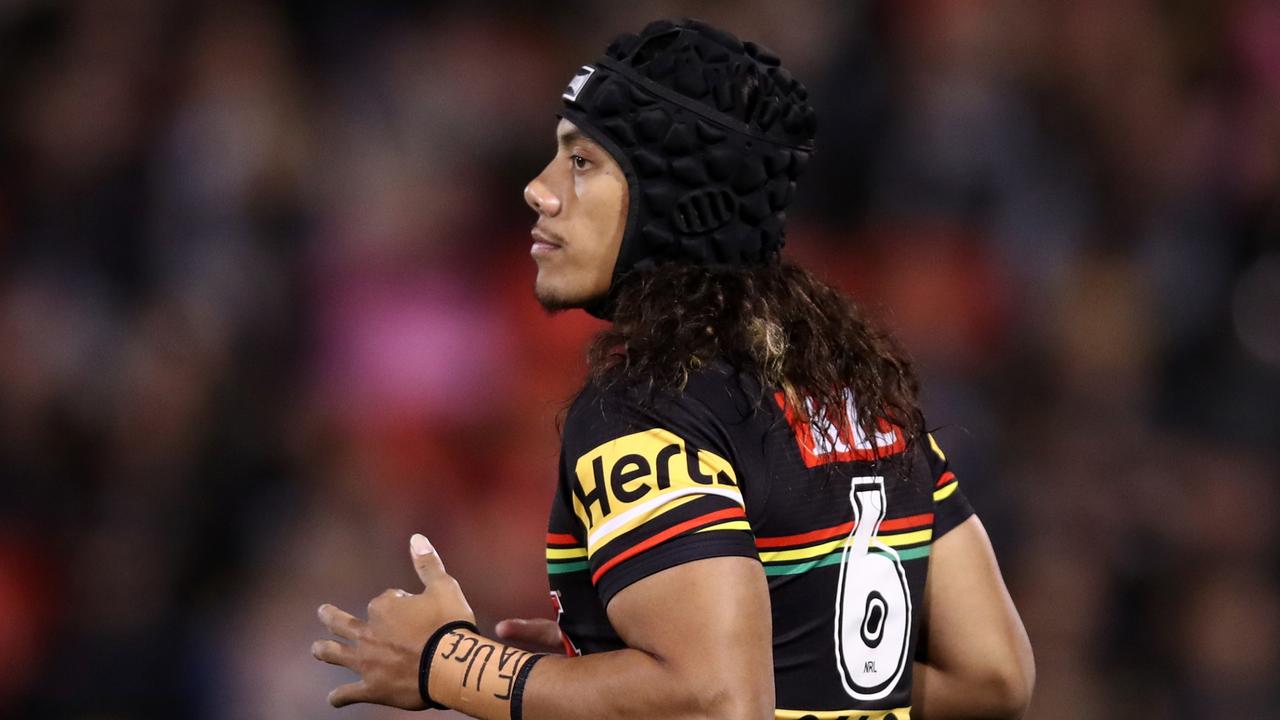 PENRITH, AUSTRALIA - AUGUST 04: Jarome Luai of the Panthers warms up ahead of the round 23 NRL match between Penrith Panthers and Melbourne Storm at BlueBet Stadium on August 04, 2023 in Penrith, Australia. (Photo by Jason McCawley/Getty Images)