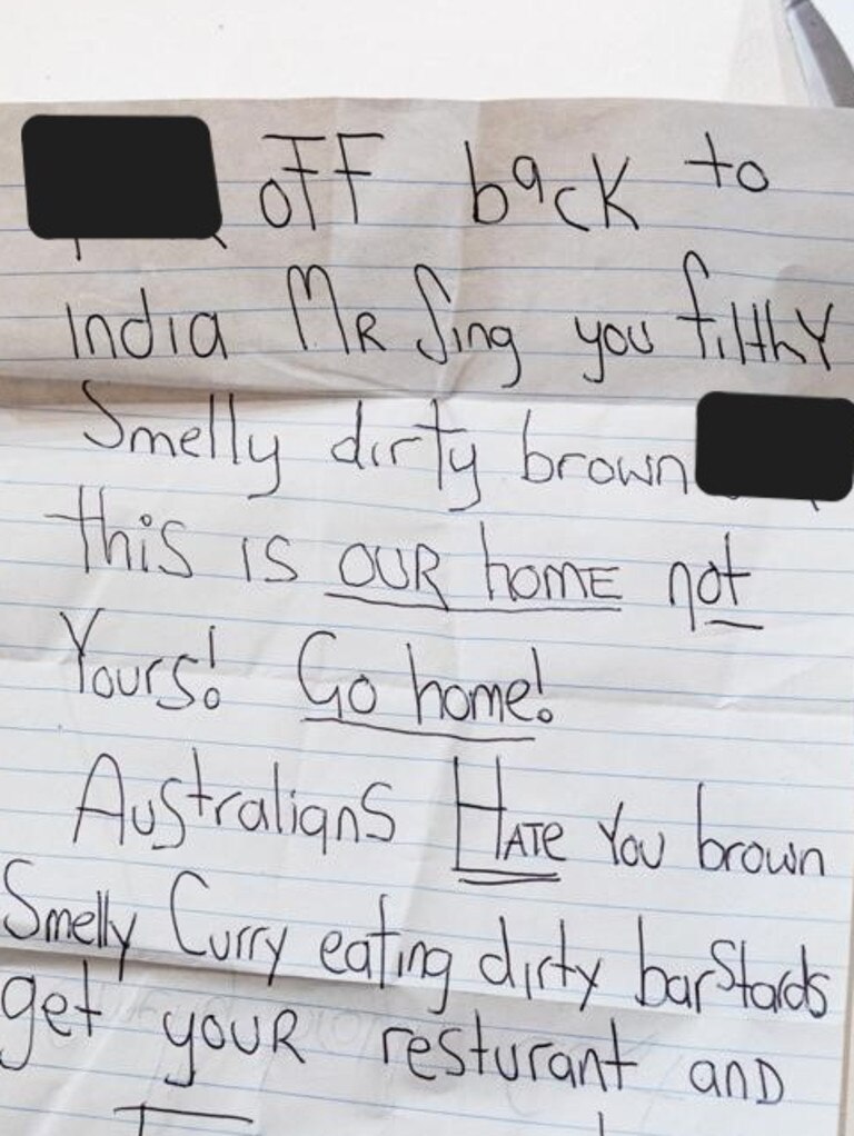 A photo of the first racist letter Mr Singh was mailed (some profanities censored). Photographed by Linda Higginson.