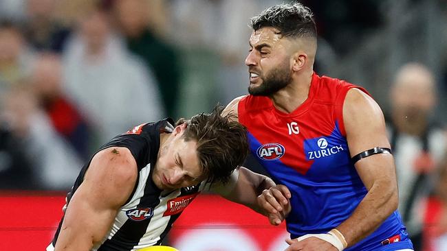 Christian Salem and Pat Lipinski collide. Picture: Michael Willson/AFL Photos via Getty Images