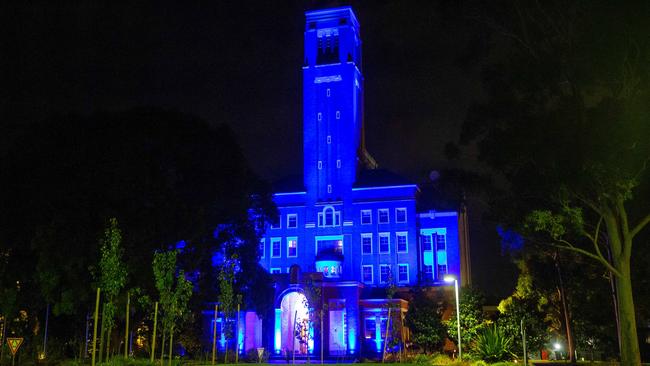 The Victoria Police Academy is lit up in blue after the funeral of Leading Senior Constable Lynette Taylor. Picture: Mark Stewart