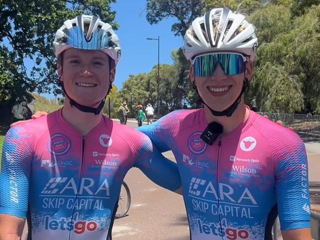 ARA Skip Capital teammates Jonas Shelverton (left) and Alex Hewes after filling the quinella in the junior men's road race at the Road Nationals in Perth.