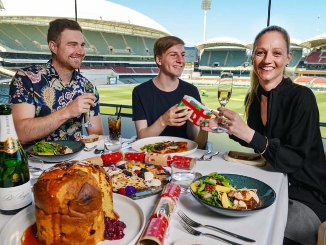 Ethan, Lochie and Jo sample the Christmas Day lunch at Bespoke/Five Regions restaurant in. The Oval Hotel, Friday, December 18, 2020. Pic: Brenton Edwards