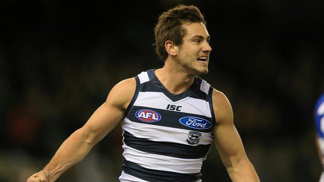 Daniel Menzel celebrates a goal in the first term. Picture: Wayne Ludbey