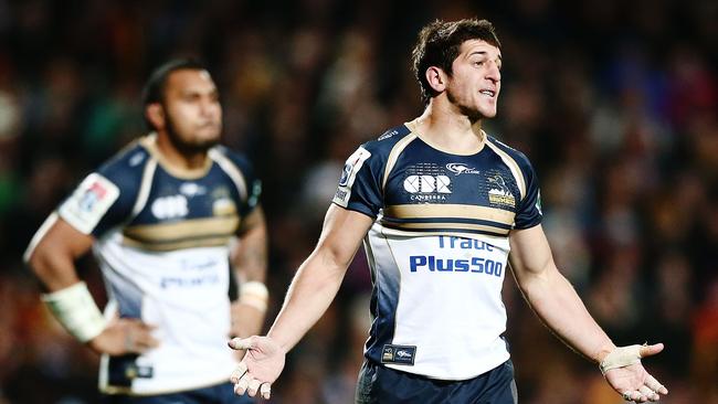 Brumbies star Tomas Cubelli gestures during their match against the Chiefs.