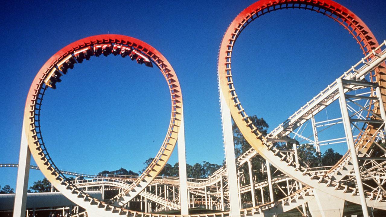 Thunderbolt rollercoaster ride at Dreamworld amusement park on the Gold Coast, Qld. /Queensland /Amusement/parks