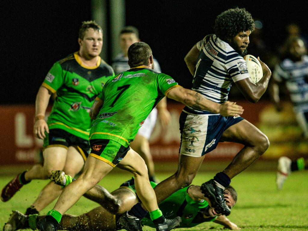 Darwin Brothers Caleb Niki on the charge against Palmerston Raiders in the 2022 NRL NT A-Grade prelim final. Picture: Glenn Campbell