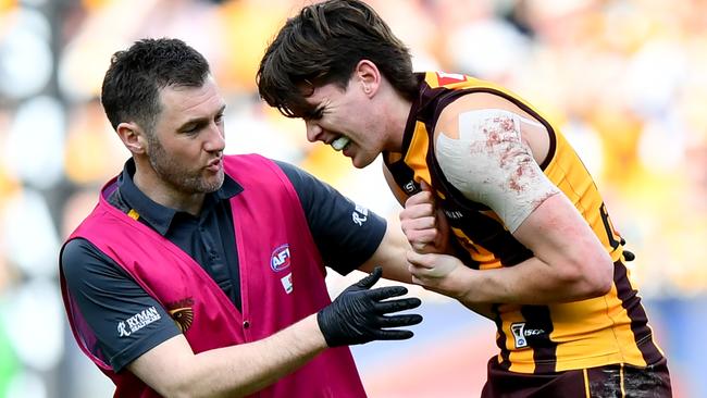 MELBOURNE, AUSTRALIA - AUGUST 18: Will Day of the Hawks receives medical attention during the round 23 AFL match between Hawthorn Hawks and Richmond Tigers at Melbourne Cricket Ground, on August 18, 2024, in Melbourne, Australia. (Photo by Josh Chadwick/AFL Photos/via Getty Images)